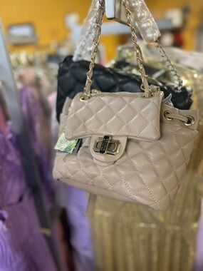 Badgley Mischka Quilted Taupe Mini Backpack and Handbag with Gold Chain and Lock